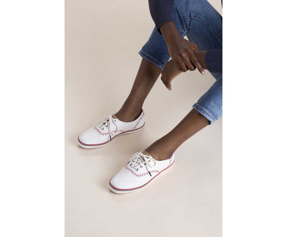 Womens Keds Sneakers - Champion Pennant Leather - White - 9458-RXOEN